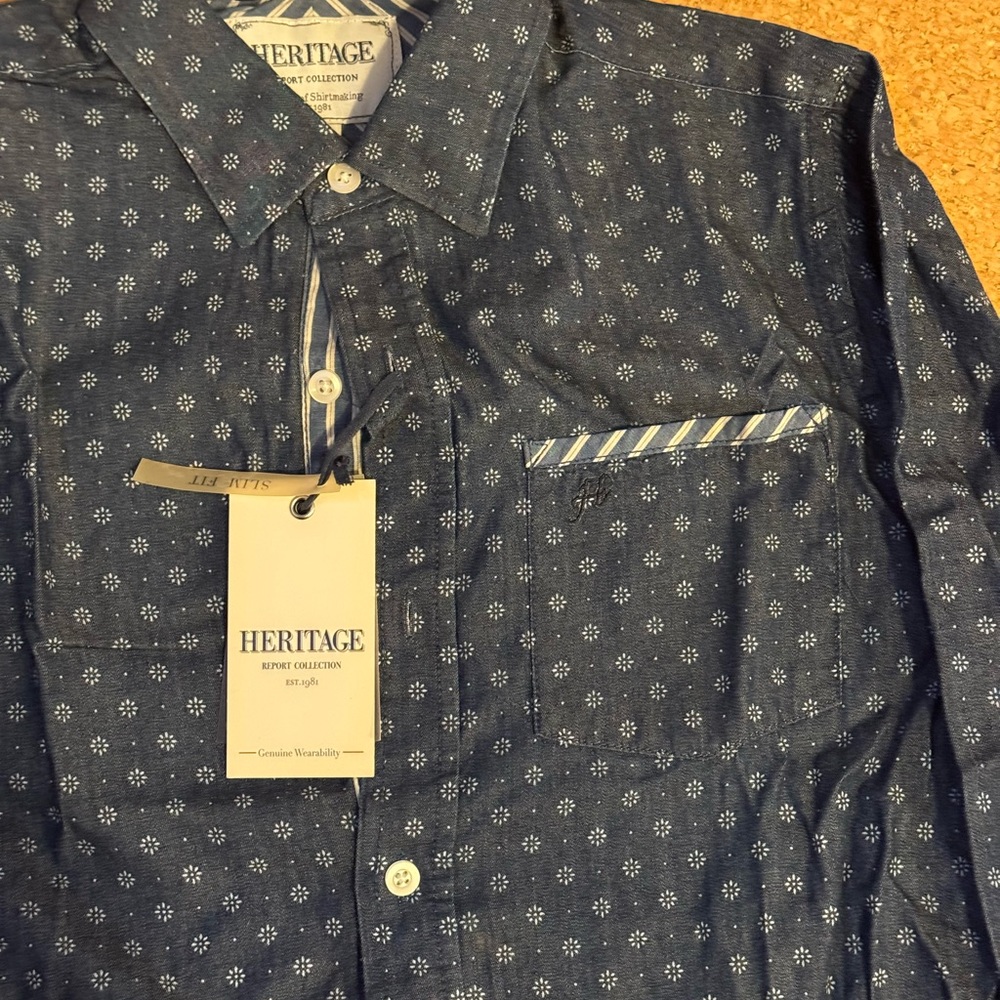 Heritage Blue Casual Button Down Shirt with Patterned Detail